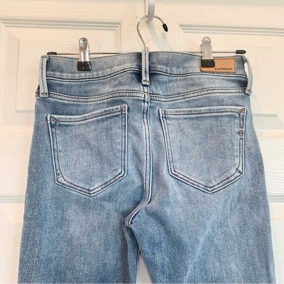 EXPRESS Blue Fleece-Lined Denim Jean Leggings Mid-Rise Raw Hem - Picture 6 of 9